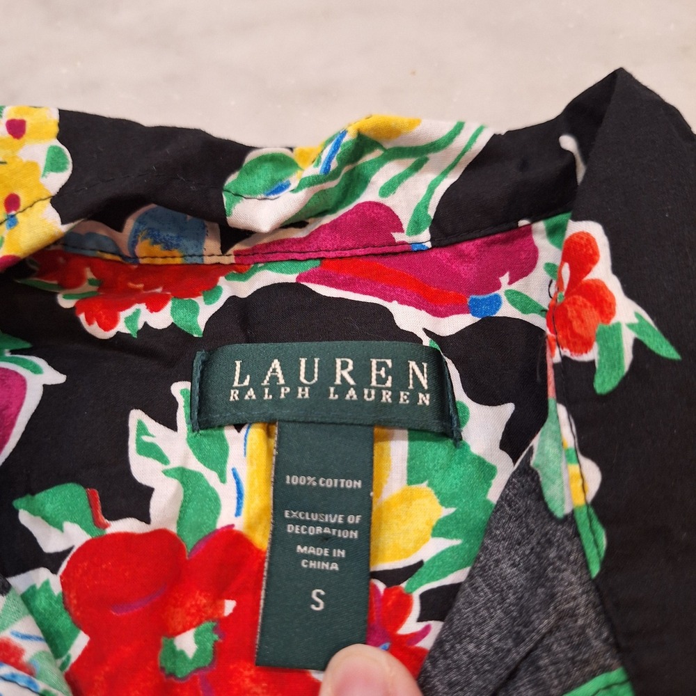 Lauren Ralph Lauren Shirt Dress S Blk Floral Cotton LRL Monogram Mini 3/4 Sleeve - Picture 3 of 9